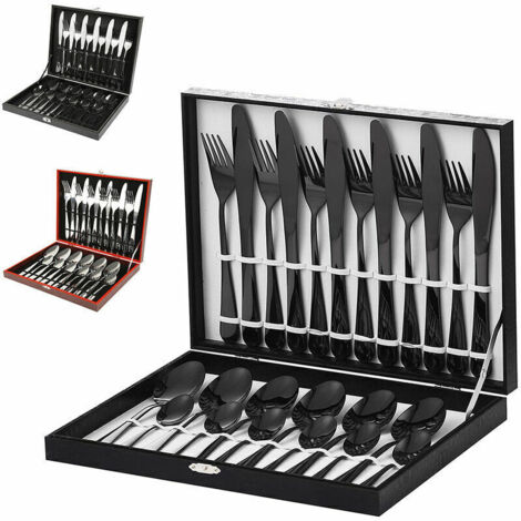 Ménagère Couverts Acier Inoxydable 24 Pièces 6 Personnes, Poids Léger de Gamme Ménagère Cuillère Fourchette Couteau Couverts De Table Noir.