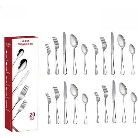 Ménagère en acier inoxydable argentée 20 pièces pour 4 personnes antirouille pour cuisine quotidienne