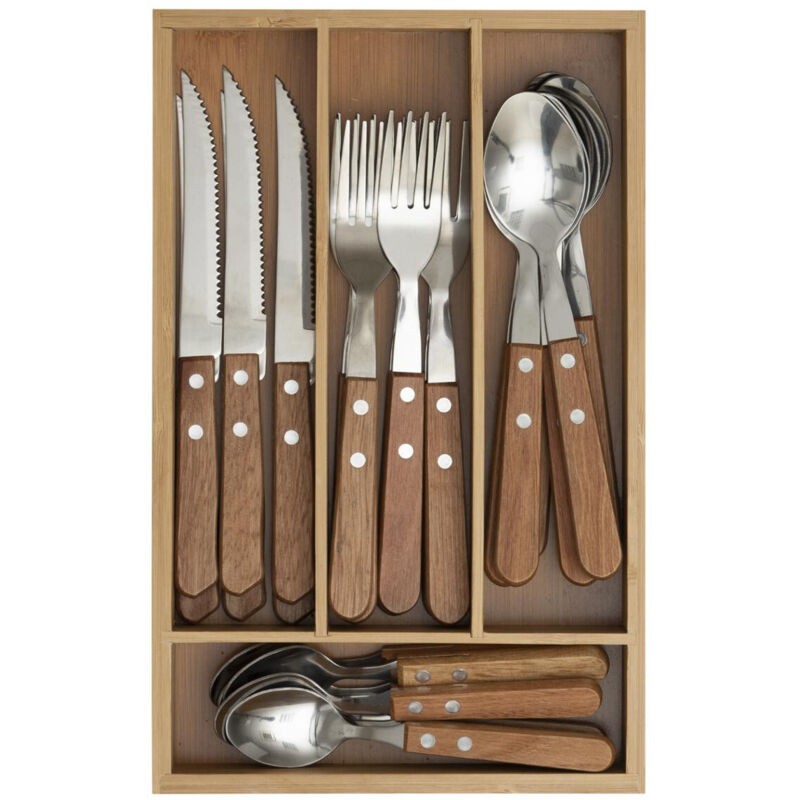 Ménagère 24 pièces en inox avec range-couverts en bois – 6 fourchettes, 6 couteaux, 6 cuillères à soupe et café – Design élégant – Secret De Gourmet