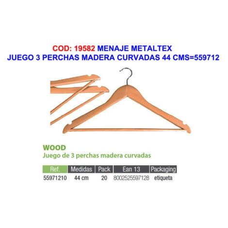 menaje metaltex juego 3 perchas madera curvadas 44 cms 559712
