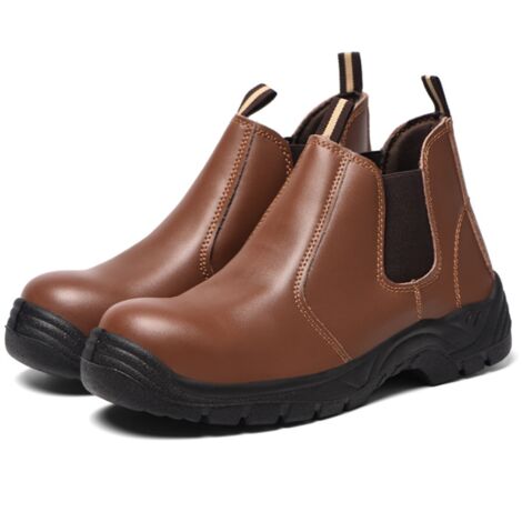 Men's Women's Work Boots, Steel Toe, Slip-On Leather Shoes, Comfortable and Beautiful, Brown - 39