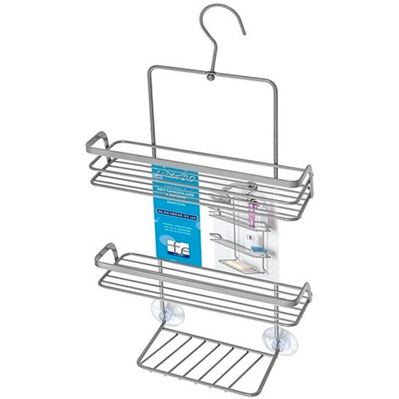 Feridras - Mensola doccia portaoggetti in acciaio grigio con gancio e ripiani