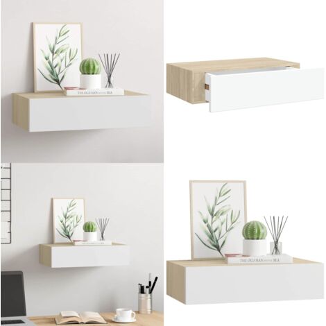 Mensola a muro con cassetti in rovere e bianco 40x23,5x10 cm MDF - Scaffale con cassetto - Scaffale in mdf