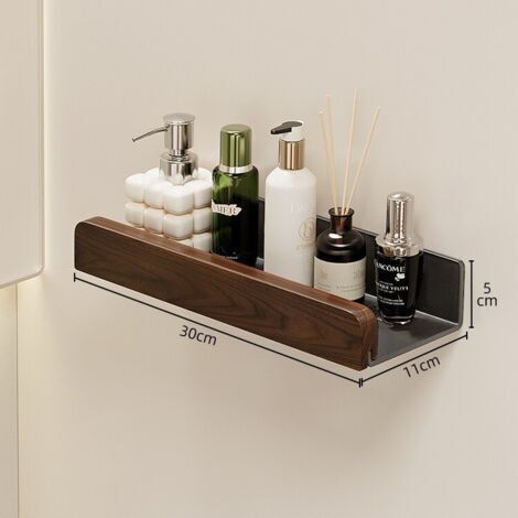 Mensola a muro galleggiante in metallo nero per bagno, mensola decorativa con bordi in legno massello, salvaspazio, extra resistente e antiruggine (30 cm)