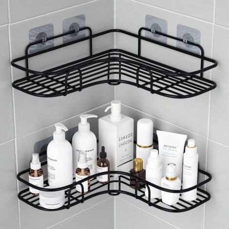 Mensola angolare per doccia a 2 pezzi, nessuna foratura richiesta, organizer per bagno autoadesivo in acciaio inox, mobiletto portaoggetti per bagno per cucina e doccia, portasapone per doccia - Nero
