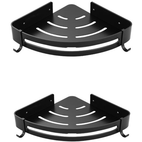 Mensola angolare per doccia, senza fori, in metallo con 2 ganci per doccia, antiruggine, autoadesiva + argilla per accessori da bagno, 2 pezzi (nero)