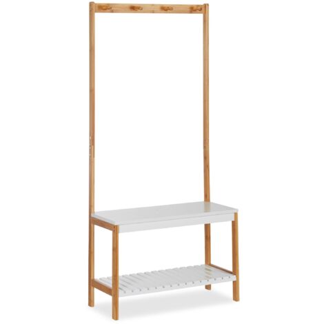 Mensola appendiabiti con panca scarpiera con 4 ganci 150 cm legno naturale e bianco 130002296