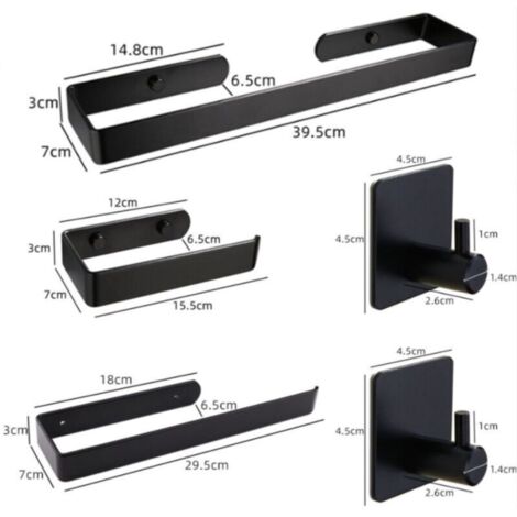 Mensola da bagno a 5 pezzi, portasciugamani da bagno nero, gancio, porta rotolo di carta assorbente