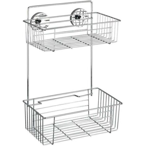 Mensola da bagno cromata Vacuum-Loc a 2 ripiani, senza fori, montaggio a parete, metallo, 26 x 38 x 17 cm, per portaoggetti da doccia e da bagno