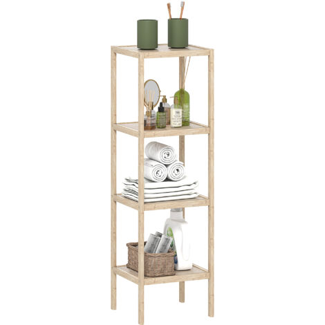 Mensola da bagno in bambù a 4 ripiani – 110x33x31 cm – Con cinghie antiribaltamento – Resistente all’umidità – Finitura naturale – Carico 20 kg