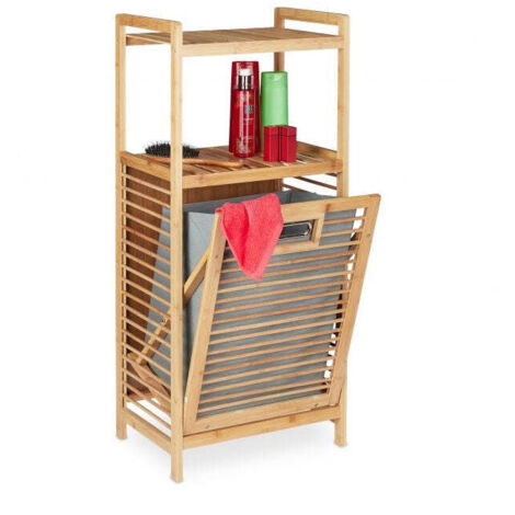 Mensola da bagno in bambu con cesto per la biancheria