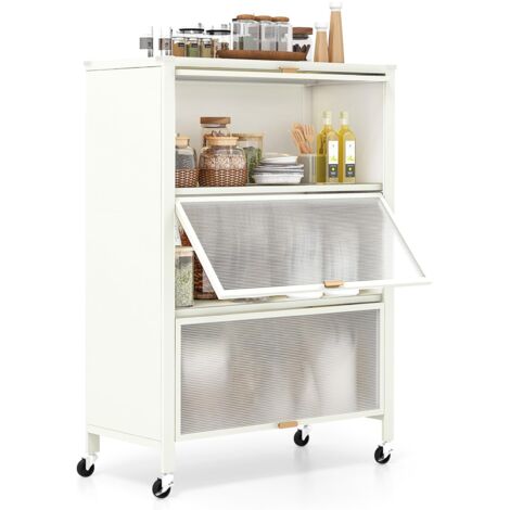 Mensola da cucina a 4 ripiani con ante a ribalta, supporto per microonde in metallo su ruote universali con bloccaggio, bianco