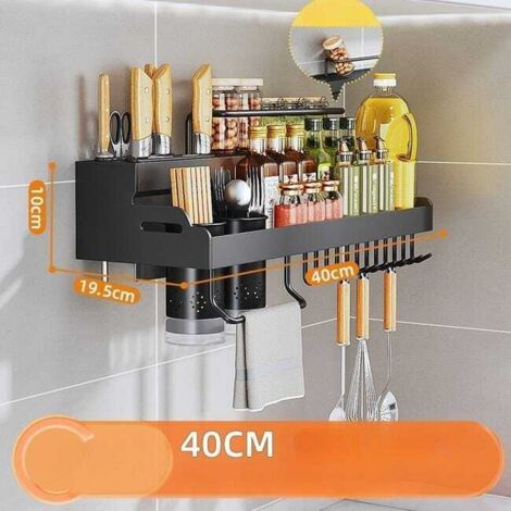 Mensola da cucina multiuso da parete (40 cm - Portabicchieri, 2 portacoltelli) - Non necessita di foratura - Porta spezie