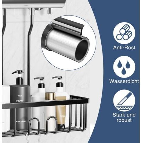 Mensola da doccia sospesa, in acciaio inox, non richiede foratura, organizer per il bagno, nera, 30 x 13 x 37,5 cm