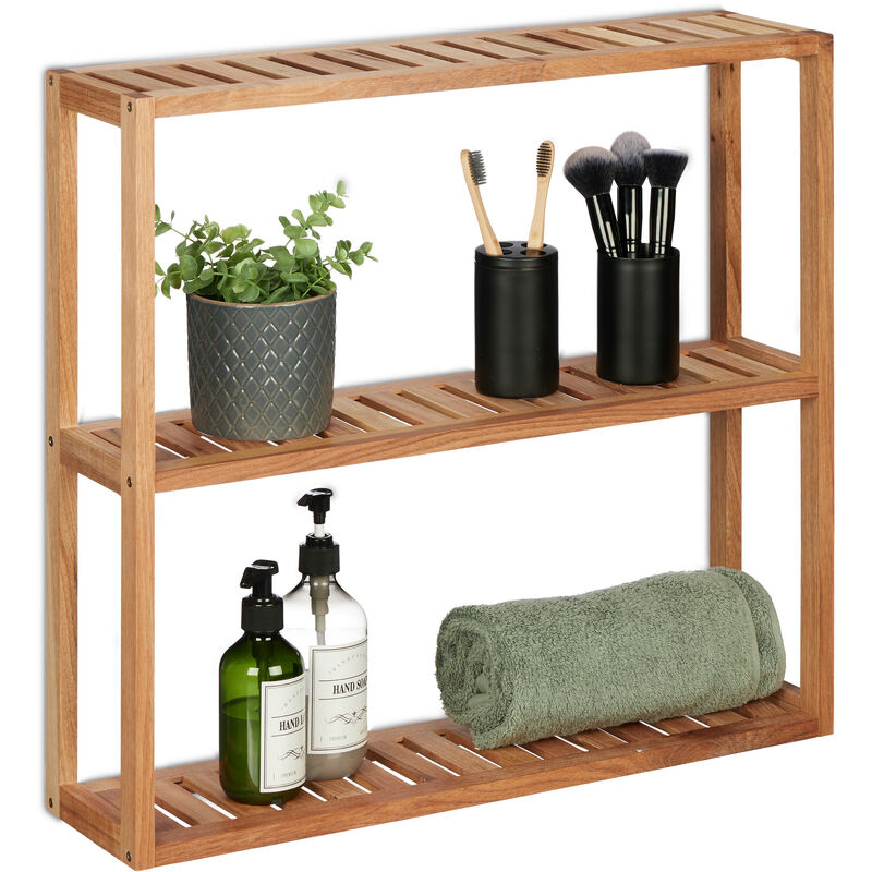 Relaxdays - tagère murale en noyer, 3 niveaux, HxLxP: 54 x 60 x 15 cm, salle de bain, cuisine, accrocher ou poser, nature