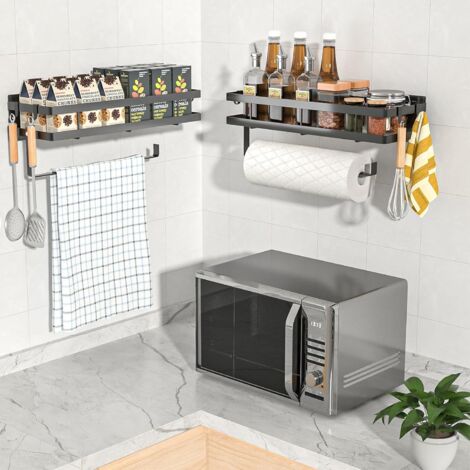 Mensola da parete per cucina, porta spezie da cucina con 4 ganci e portarotolo da cucina, mensola da parete senza fori per spezie, lattine, barattoli, utensili da cucina