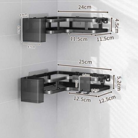 Mensola da parete triangolare per bagno, doppia mensola + porta dentifricio2 + porta rasoio1, nero 25255,2 cm
