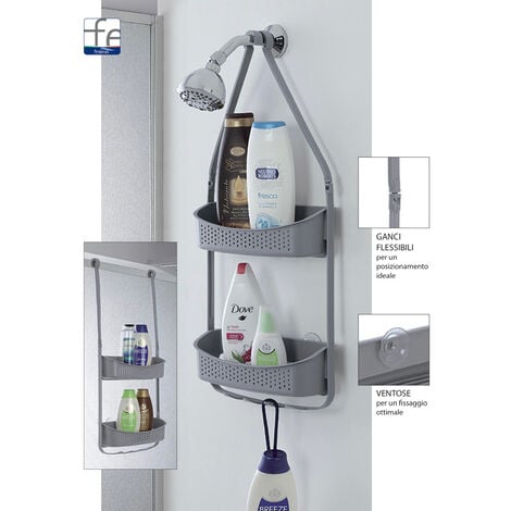 IPERBRIKO MENSOLA DOCCIA IN PVC 2 RIPIANI CON GANCI PORTA OGGETTI BIANCO/GRIGIO/TORTORA, "Tortora"