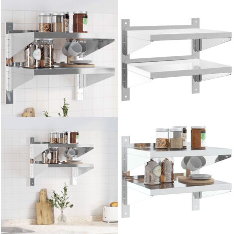 Mensola Muro 2 Ripiani 50x40x48 cm Argento Acciaio Inossidabile - Scaffale a muro - Ripiano a parete