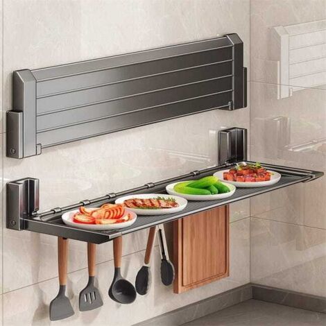 Mensola per la preparazione delle verdure da cucina senza fori, mensola pieghevole a parete a più livelli + 5 ganci, grigio scuro, 48188 cm