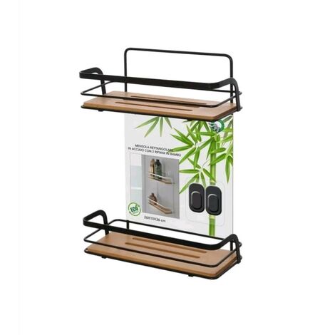 Mensola Rettangolare per Bagno in Acciaio Colore Nero Opaco 2 ripiani Bambu' 26,5x10x36H cm