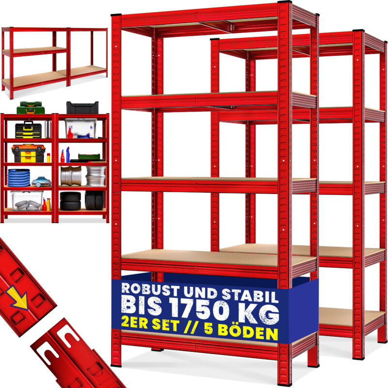 Image of Scaffale ad alta portata in metallo scaffali per carichi pesanti garage cantina magazzino officina scaffali ad innesto 2er Set - 180x90x40cm - Rot