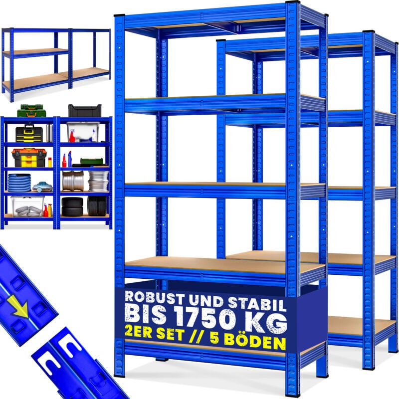 Image of Scaffale ad alta portata in metallo scaffali per carichi pesanti garage cantina magazzino officina scaffali ad innesto 2er Set - 180x90x40cm - Blau