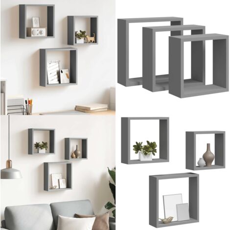 Mensole a Cubo da Parete 3 pz Grigie in MDF - Scaffali a cubo - Mensole in mdf