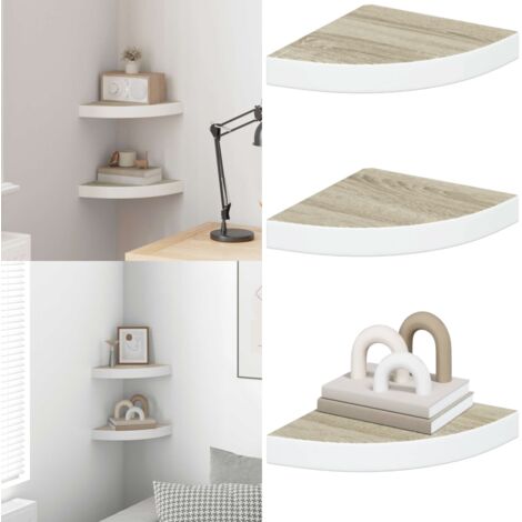 Mensole Angolari 2pz Rovere e Bianco 25x25x3,8 cm in MDF - Scaffale da parete - Scaffale in MDF