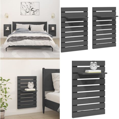 Mensole da Letto a Parete 2 pz Grigio Legno Massello di Pino - Scaffale da parete - Scaffale in legno