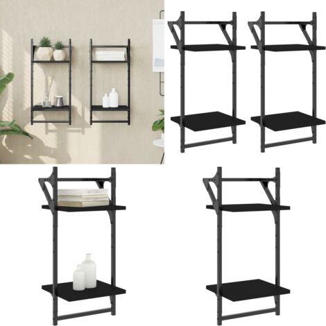 Mensole da Parete 2 Livelli con Aste 2 pz Nere 30x25x65 cm - Scaffale a muro - Ripiano da parete