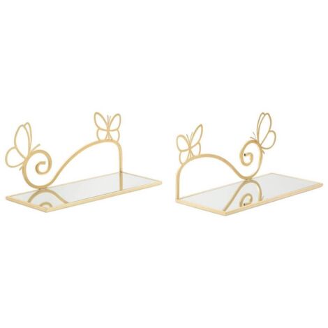 Mensole da parete in metallo color oro ripiano in vetro set da 2 -Farfalle