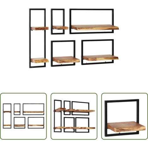 Mensole da parete -  Set di Mensole 5 pz in Legno Massello di Acacia e Acciaio