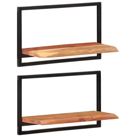 Mensole Design Scandinavo,Scaffali a Muro,Mensole Parete 2pz 60x25x35 cm Legno Massello Acacia e Acciaio  -FW72699