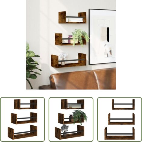 Mensole in legno multistrato -  Set Mensole Parete con Aste 3pz Rovere Fumo Legno Multistrato