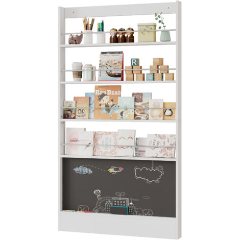 Mensole per Libri Illustrati con Lavagna Verniciabile 200x10x180 cm, 4 Ripiani, Antiribaltamento, MDF, Bianco per Bambini