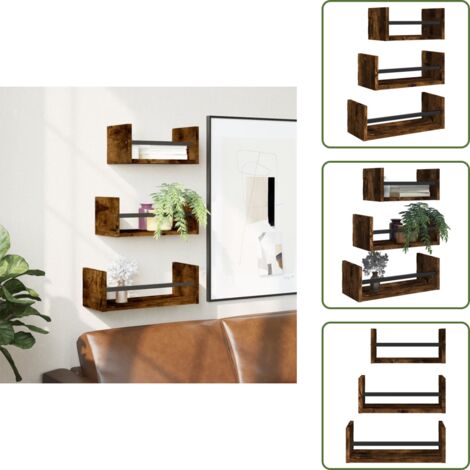 Mensole per parete - vidaXL Set Mensole Parete con Aste 3pz Rovere Fumo Legno Multistrato - Mensole per interni