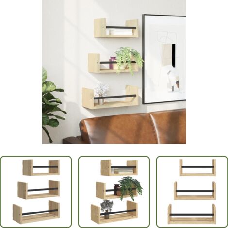 Mensole sospese -  Set di 3 mensole da parete con barre in rovere Sonoma, legno ingegnerizzato
