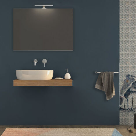 Mensolone da bagno Rovere tabacco sospeso 90 cm  con specchio filo lucido e cassettone da 50 cm
