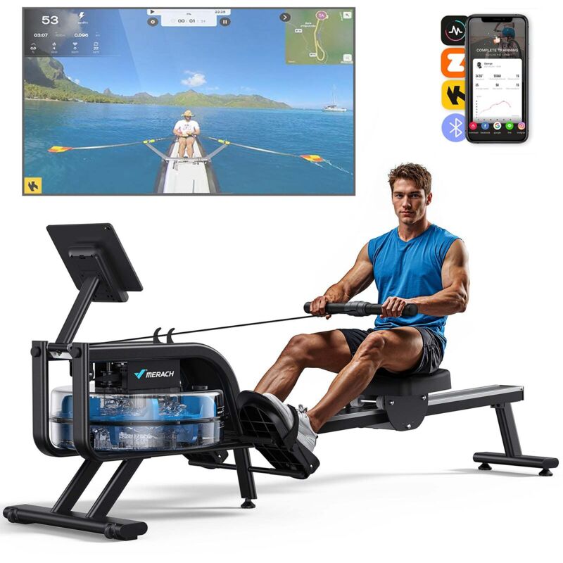 Merach Wasser-rudergerät Leise – 15 L Wassertank, Stahlrahmen, Lcd & Bluetooth, Kinomap-kompatibel, Klappbar, Bis 136 Kg