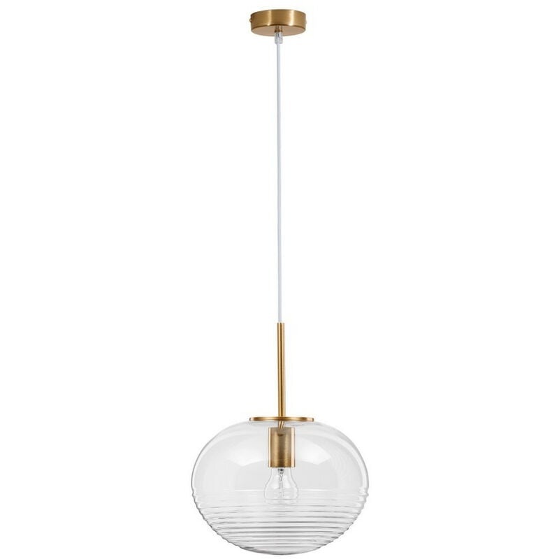 Image of Merano - Kapuskasing Plafoniera a sospensione a globo da 28 cm, vetro trasparente, cavo bianco, ottone, metallo dorato, led E27