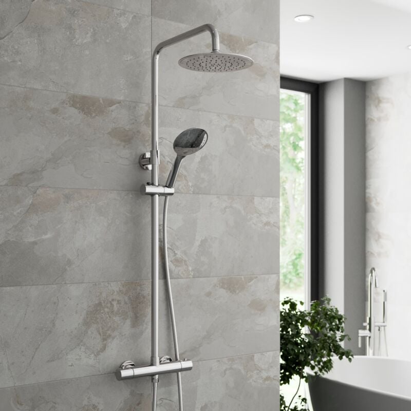 Thermostatic Twin Head Mixer Shower Set Round Bar Chrome Exposed Valve - Aquari