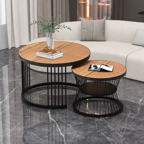 MODERNLUXE Merax Couchtisch rund Satztisch, Beistelltisch mit Metallrahmen (2-St), Tischplatte aus Holz und Polyrattan, Landhausstil