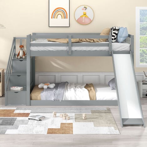 RAPANDA Merax Etagenbett 90x200cm mit Treppe, Rausfallschutz und Rutsche, 3 Schubladen in der Treppe, Kieferholz Kinderbett Stockbett Hausbett Jugendbett, Grau