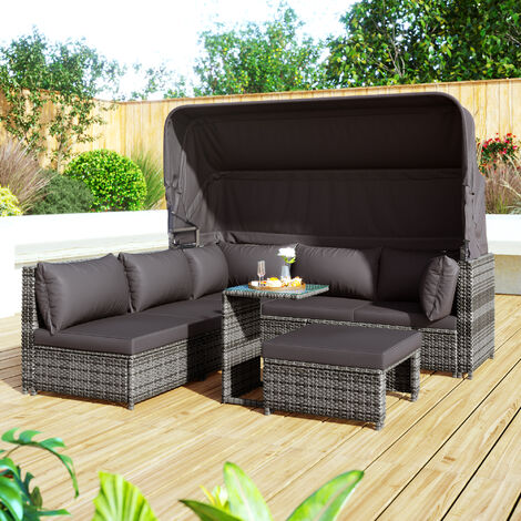 Merax Gartenlounge-Set Polyrattan mit aufklappbarem Sonnendach inkl. Kissen für 5 Personen, Gartenmöbel Set mit 3-Sitzer Sofa umbaubar, 2x Einzelsessel, 1x Ottoman, 1x Tisch