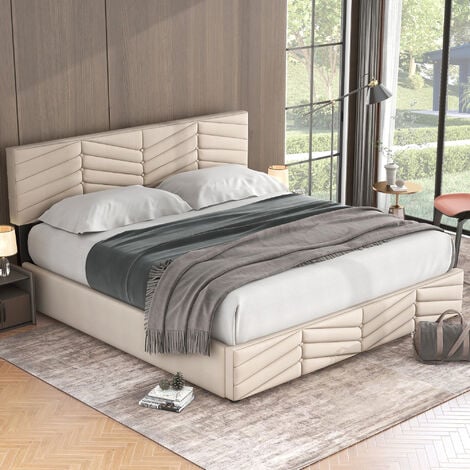 Merax Hydraulisches Boxspringbett 180x200cm Polsterbett mit Bettkasten und Lattenrost, Doppelbett Stauraumbett aus Samt, Streifen-Stil und höhenverstellbares Kopfteil, Beige