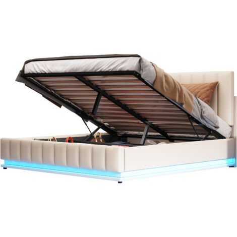 Merax Hydraulisches Boxspringbett mit Bettkasten und LED-Beleuchtung, Polsterbett mit höhenverstellbarem Kopfteil und Metalllattenrost, Straumbett Doppelbett aus Kunstleder，140x200cm