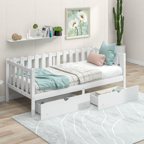 Merax Kinderbett Jugendbett 90x200 cm Hausbett mit Rausfallschutz und Schubladen, Sofa Couch Bett mit Stauraum, Kiefer Kinderhaus in weiß