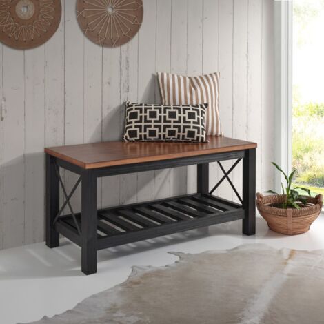Mercers Furniture Cottage Black Painted Pine Bench – Wooden with Slatted Storage Shelf – 59H x 107W x 42D cm