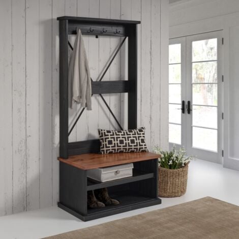 Mercers Furniture Cottage Black Painted Pine Hall Tree Coat Rack – Wooden with Storage Shelf – 171H x 80W x 44D cm